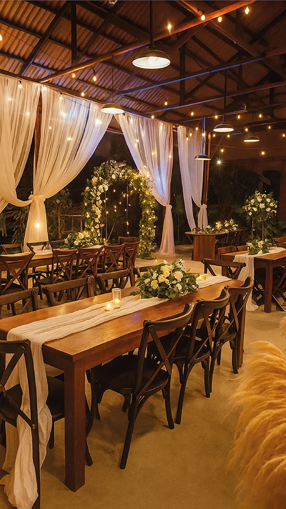 Espacio para recepción de boda en Tayrona con mesas de madera, iluminación cálida, cortinas blancas y decoración floral para una celebración íntima.
