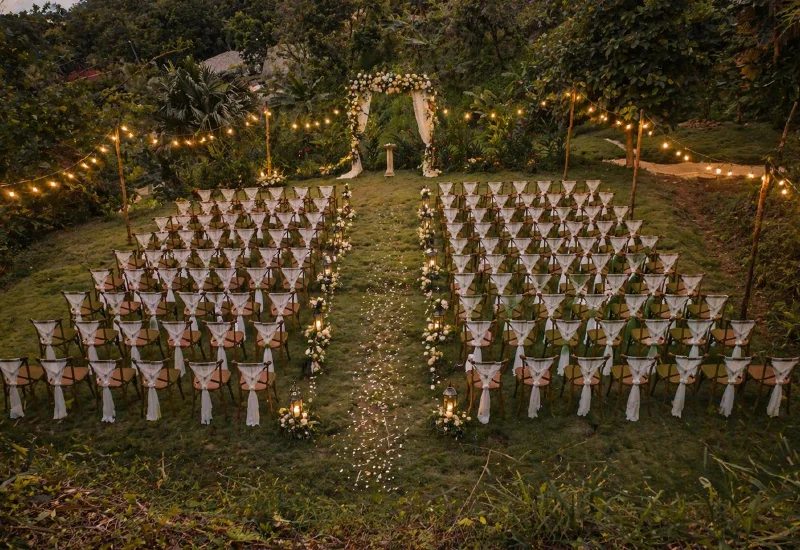 Elegant intimate wedding ceremony setup surrounded by tropical rainforest at Promised Land Tayrona, Colombia.