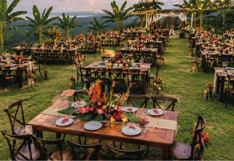 Elegant outdoor wedding reception overlooking the mountains and Caribbean coastline at Promised Land Tayrona in Colombia.