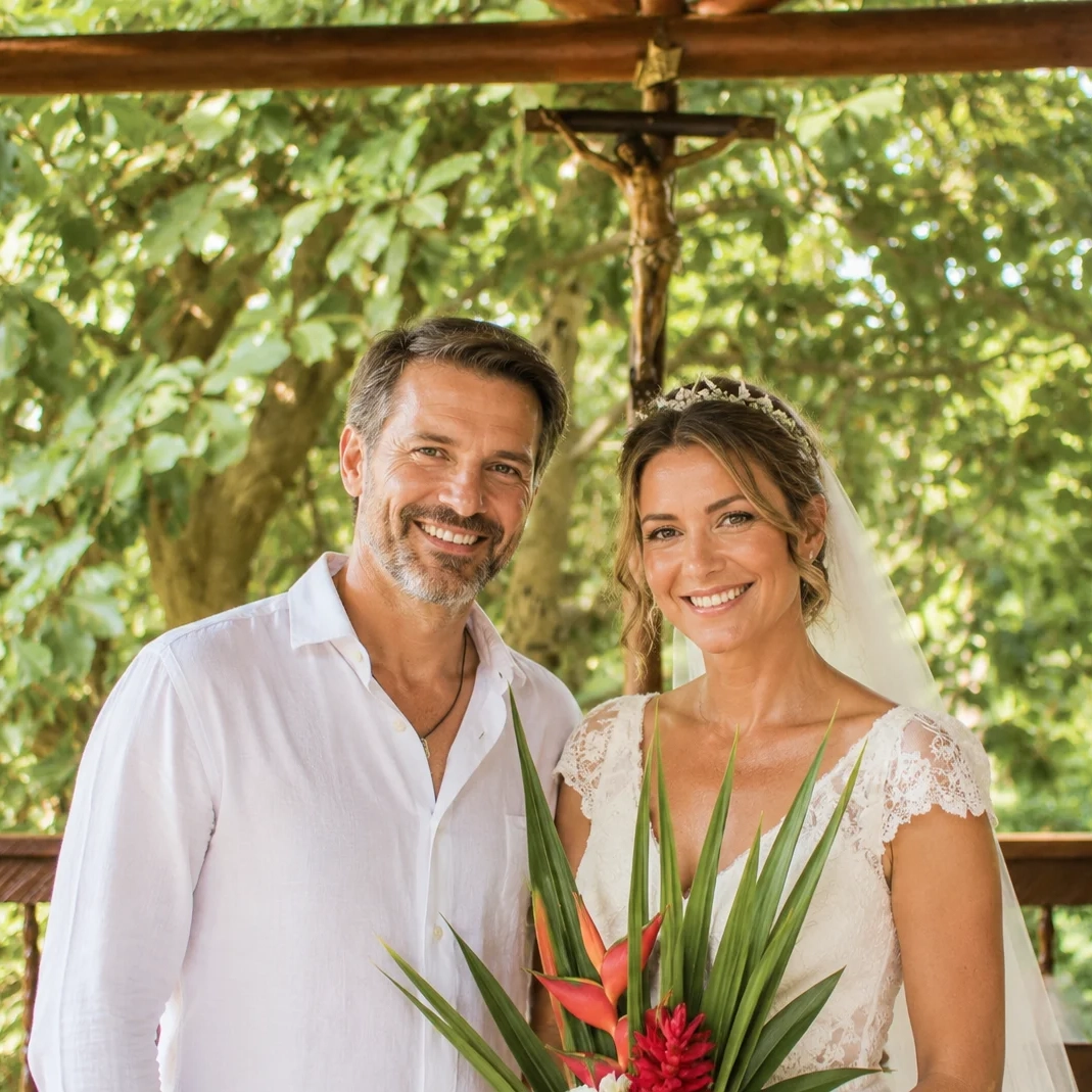 Bride and groom smiling after their chapel wedding ceremony at Promised Land Tayrona surrounded by lush tropical nature in Colombia.