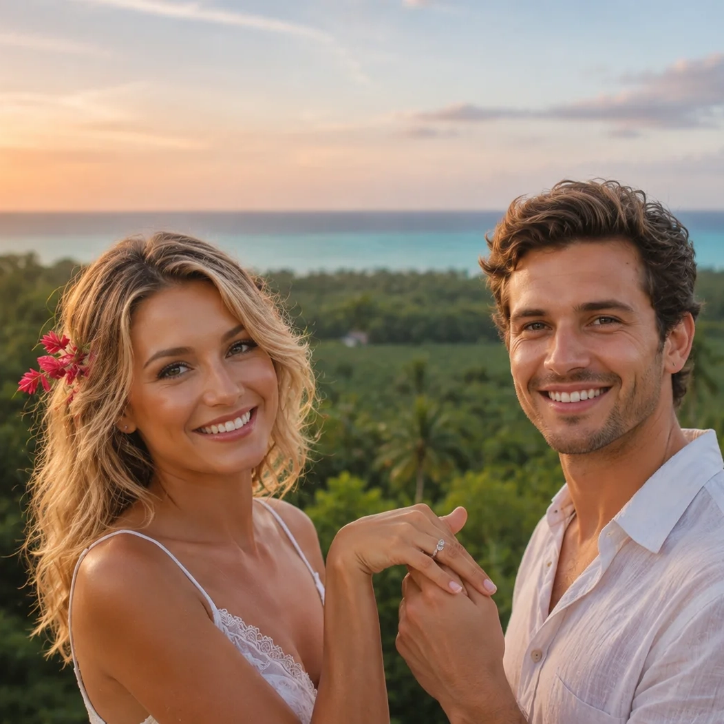 Smiling couple showing an engagement ring with breathtaking ocean views at Promised Land Tayrona, Colombia.